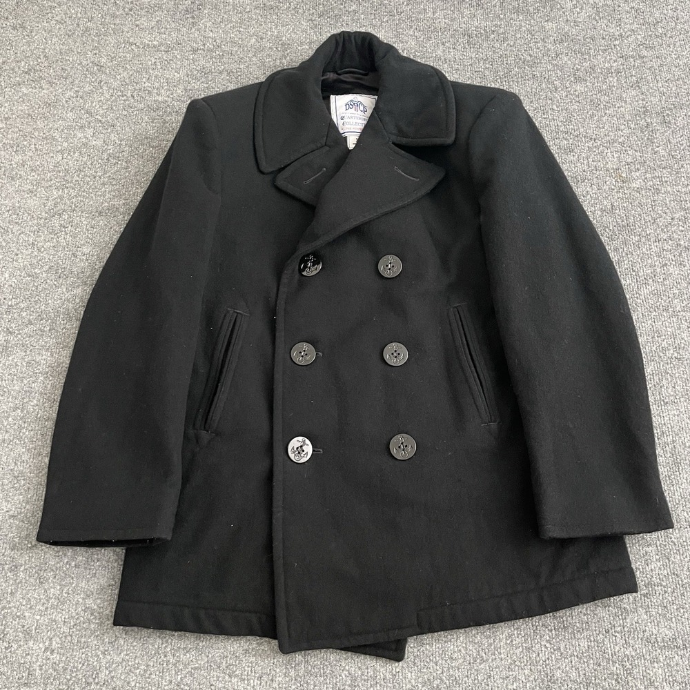 Vintage DSCP Quarterdeck Coat Mens 38S Black Navy Wool Peacoat Anchor Buttons